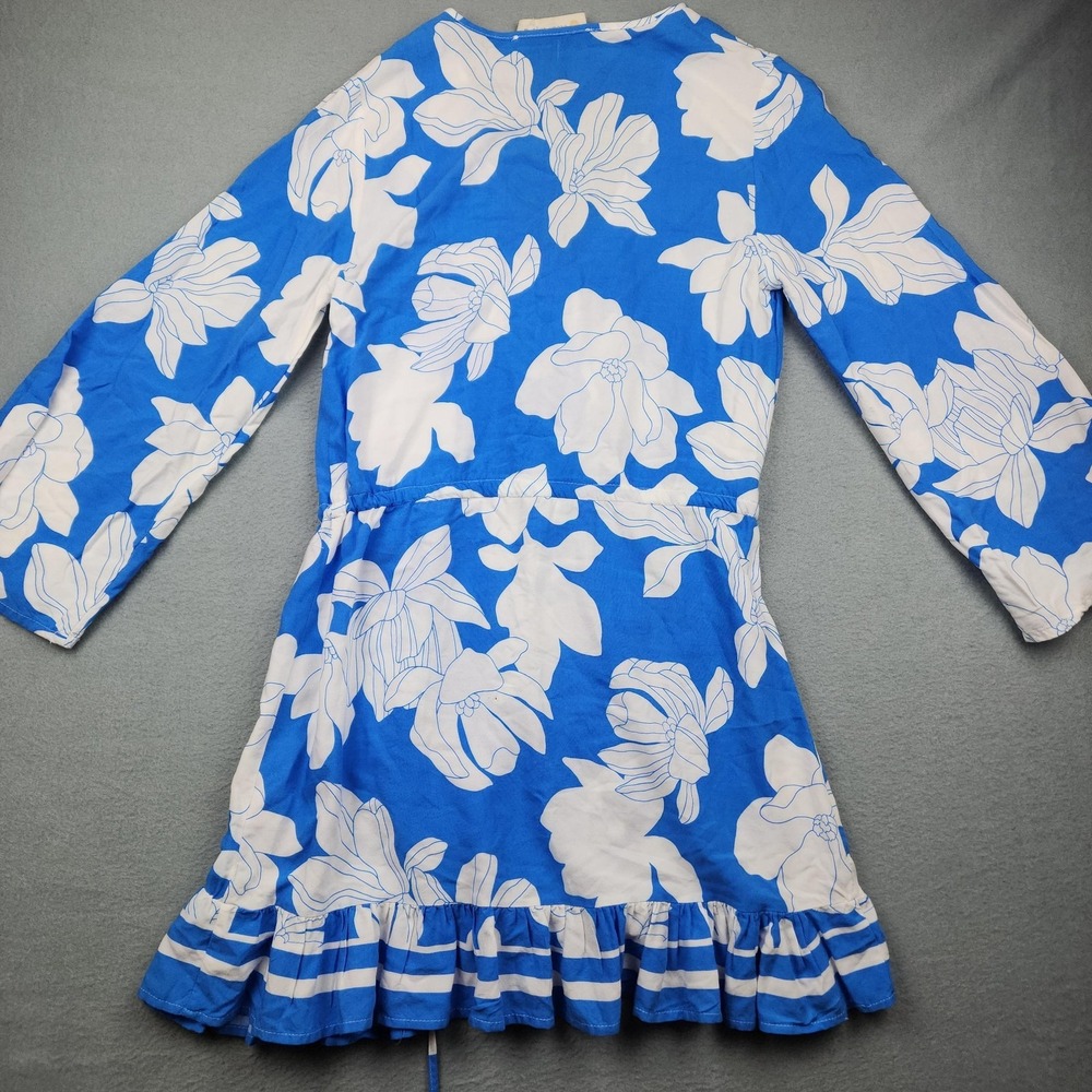Ocean Drive Dress Womens Medium Blue Floral Wrap V Neck 3/4 Sleeve Ruffle Mini - Picture 9 of 10